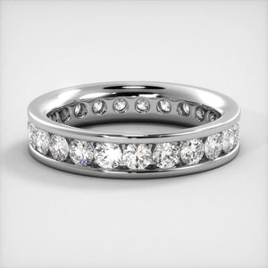 Channel Set Round Cut Moissanite Eternity Ring, Wedding Band In 10k White / Yellow Gold or Sterling Silver