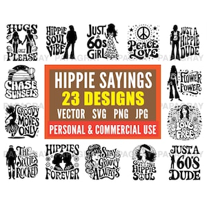 Paquete de refranes hippies SVG - 23 diseños / Descarga digital / Citas bohemias, contracultura de los años 60, beatniks y eslóganes pacifistas