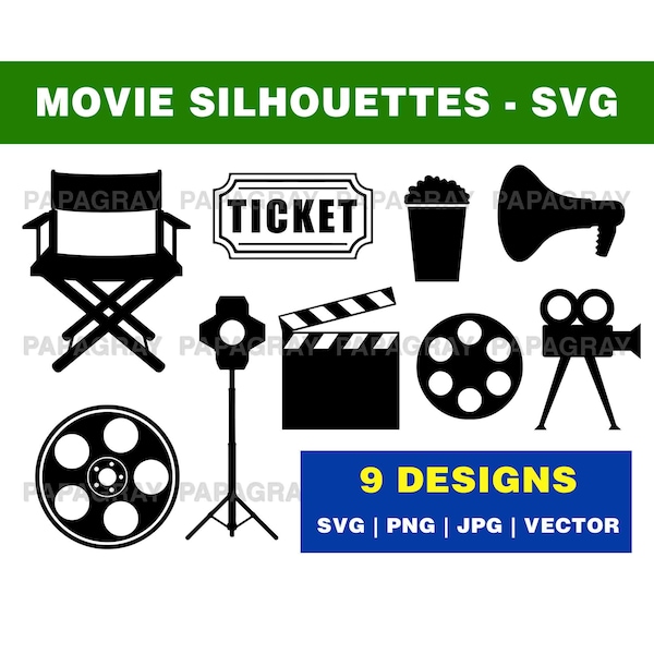 Movie Silhouette Pack - 9 Designs | Digital Download | Movie Production SVG, Filmmaking SVG, Cinematic Vector, Film Elements PNG