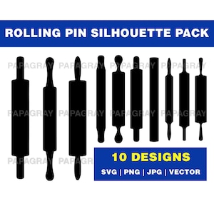 Rolling Pin SVG Silhouette Pack - 10 Designs | Digital Download | Pastry Roller PNG, Dough Roller Vector, Chef Rolling Pin Graphic