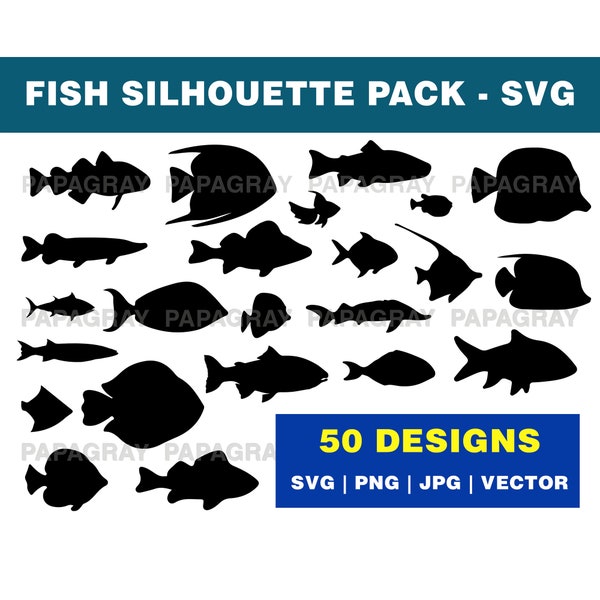 Fish Silhouette Pack - 50 Designs | Digital Download | Fish SVG, Fish PNG, Fishing Vector, Fish Outline, Fish Shape, Fish Cut File Graphic