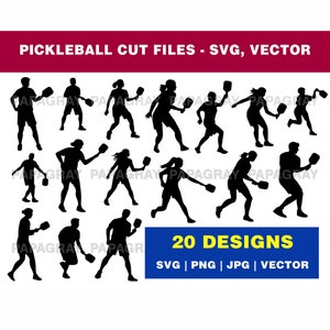 Arquivos de corte de silhueta SVG de Pickleball - 20 designs | Download digital | Gráfico de tênis de padel, vetor de esporte de raquete, vetor de Pickleball
