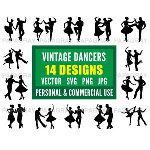 14 Vintage Dancers Silhouette Set | Digital Download | Dancing SVG, Retro Dancers Clipart, Ballroom Dancing Vector Illustrations