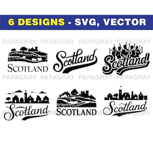 Pacchetto vettoriale SVG dello skyline della Scozia - 6 design / Download digitale / Silhouette della Scozia, file di taglio SVG, illustrazione britannica, Regno Unito