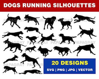 Dogs Running SVG Silhouette Pack - 20 Designs | Digital Download | Running Dog PNG, Dog Shape, Dog Outline, Dog Running Vector