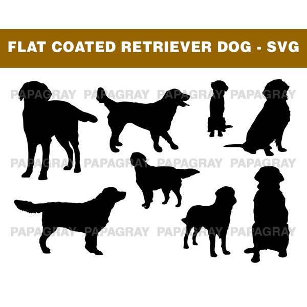 Flat Coated Retriever Dog Silhouette Pack - 8 Designs | Digital Download | Flat Coated Retriever SVG, Flat Coated Retriever Dog PNG Vector