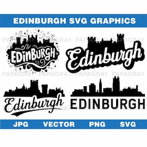 Pacchetto grafico vettoriale SVG dello skyline di Edimburgo - 7 design / Download digitale / Silhouette della Scozia, file di taglio SVG, illustrazione del paesaggio urbano del Regno Unito