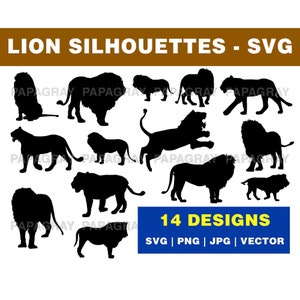 Lion Silhouette Pack - 14 Designs | Digital Download | Lion SVG, Lioness Vector, Animal Lion PNG