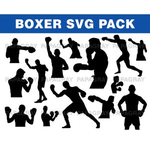 Paquete de siluetas SVG de boxeo / Descarga digital / Gráfico de boxeo, SVG de peso ligero y pesado, Gráfico SVG de ring de boxeo, Gráfico de contorno de boxeador