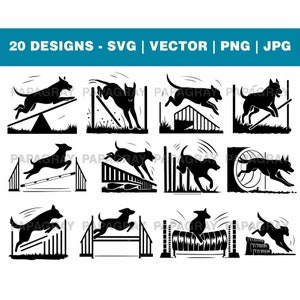 Pacote de gráficos vetoriais SVG Dog Agility - 20 designs | Download digital | Silhueta de pista de obstáculos canina, gráficos de acrobacia de treinamento de cães