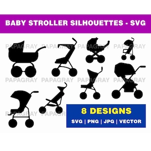 Baby Stroller Silhouette SVG Pack - 8 Designs | Digital Download | Baby Strollers Vector, Baby Pushchair Vector Graphic, Kids Pram SVG