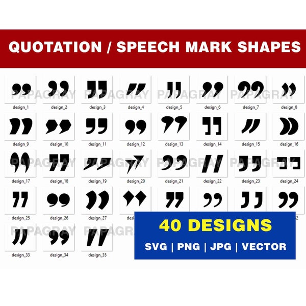 Quotation Speech Marks SVG Silhouette Pack - 40 Designs | Digital Download | Quotation Shape PNG, Speech Mark Vector Graphic