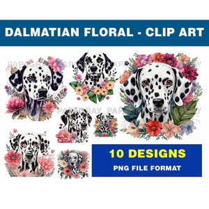 Dalmatische hond bloemenclipartpakket - 10 ontwerpen | Digitale download | Clipart Dalmatische hond, vlekkerige hond png, transparante achtergrond