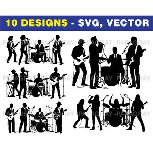 Paquete gráfico SVG de silueta de banda - 10 diseños / Descarga digital / Vector de banda musical, Archivos cortados, Baterista, Guitarrista, Bajista, Cantante