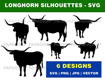 Longhorn SVG Graphic Pack - 6 Designs | Digital Download | Animal Longhorn Vector, Cow Longhorn PNG, Longhorn Cow Graphic