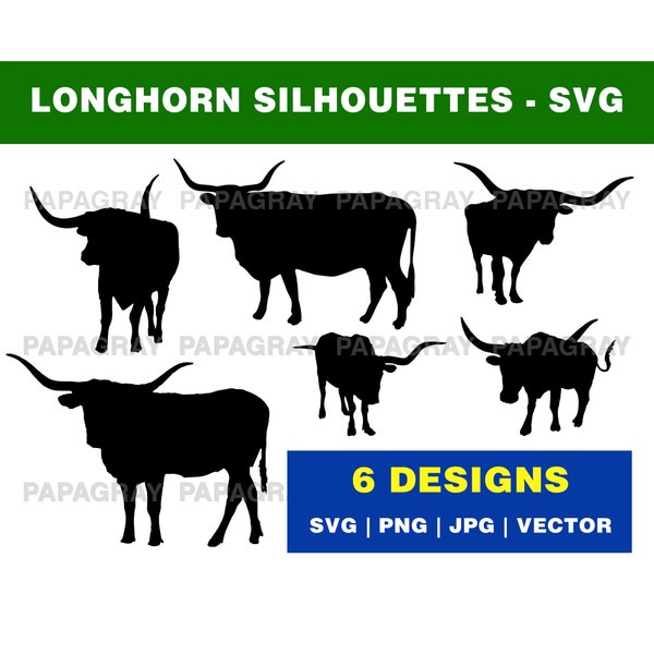 Longhorn SVG Graphic Pack - 6 Designs | Digital Download | Animal Longhorn Vector, Cow Longhorn PNG, Longhorn Cow Graphic