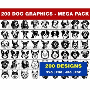 200 Dog Faces SVG-afbeeldingsbundel - MEGA PACK | Digitale download | Hondenillustraties, ontwerpen labrador, retriever, terriër, spaniël