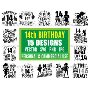14. Geburtstag SVG-Paket - 15 Designs | Digitaler Download | Vierzehnte Geburtstag Zitate, 14.Geburtstagsfeier Grafik-Illustration