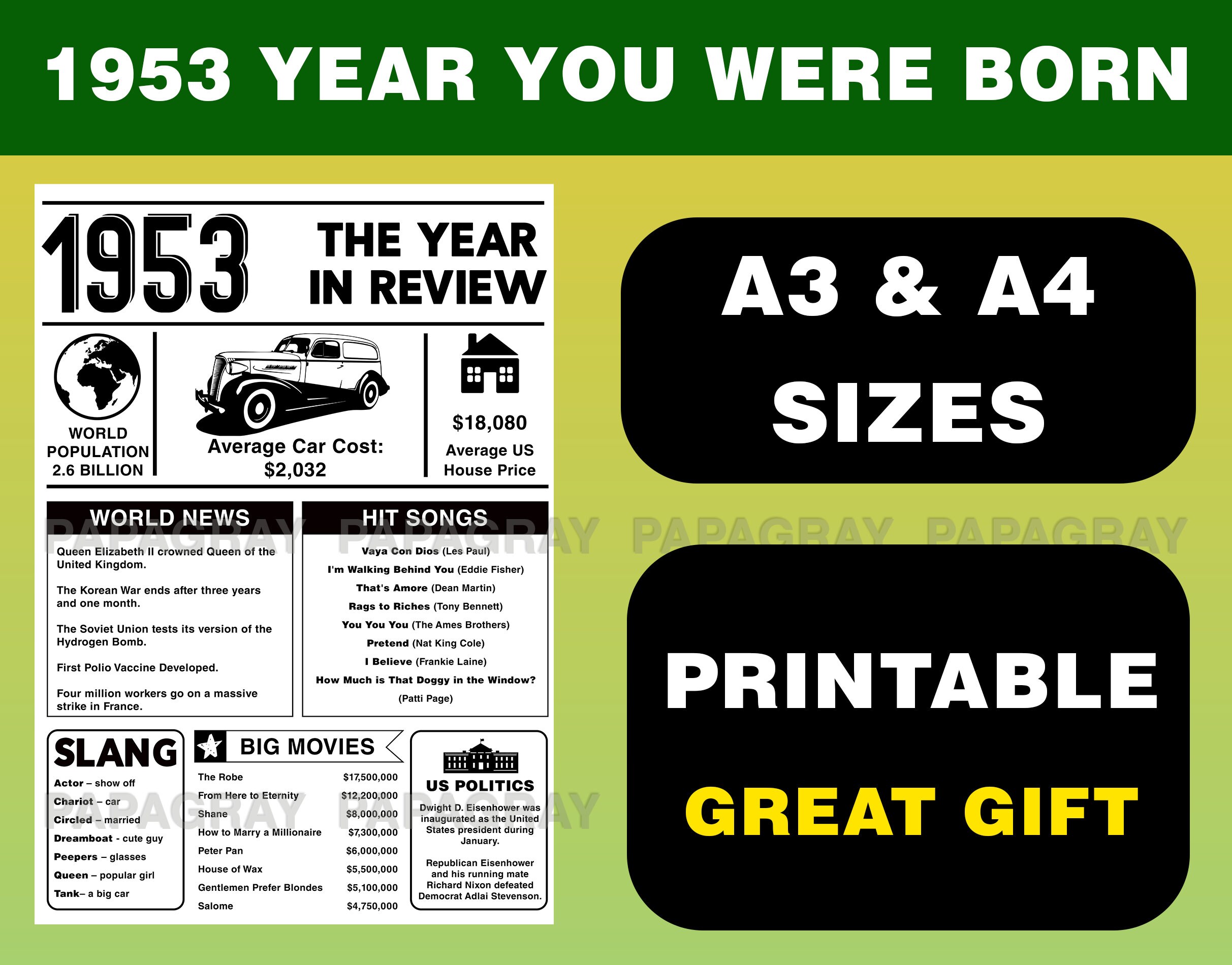 1953 The Year You Were Born PRINTABLE USA Digital Download Etsy