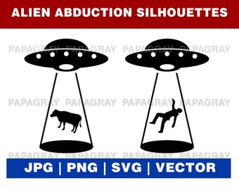 Alien Abduction Silhouettes - 2 Designs | Digital Download | Alien Abduction Vector SVG, Human Abduction Graphic, Alien Abduction Cow PNG