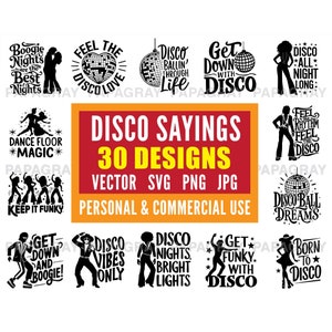 Pacote de 30 frases de discoteca em SVG | Download digital | Vetor de boate, citações de dança dos anos 70, clipart de discoteca, ilustrações retrô
