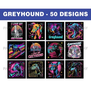 Ensemble de graphiques pour chien lévrier des années 80 - 50 modèles | Téléchargement numérique | Graphismes d'inspiration rétro, ondes synthétiques, art canin de lévriers