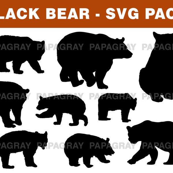 Black Bear Silhouette Pack - 9 Designs | Digital Download | Black Bear SVG, Grizzly Bear PNG, Cinnamon Bear Vector, Bear Cut File Shape