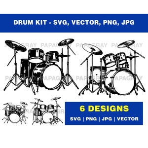 Drumstel SVG - 6 ontwerpen | Digitale download | Percussievector, clipart muziekinstrument, grafische drummer, drumset-illustraties