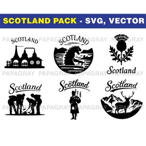 Pacchetto di grafica vettoriale SVG Scozia - 6 design / Download digitale / Scozzese, Silhouette dello skyline del paese, File di taglio SVG, Cornamuse, Gran Bretagna
