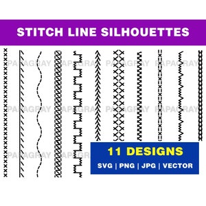 Paquete de siluetas SVG de puntadas de costura: 11 diseños / Descarga digital / Puntadas de costura PNG, Puntadas de bordado vectoriales, Puntadas de costura SVG