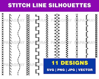 Sewing Stitches SVG Silhouette Pack - 11 Designs | Digital Download | Sew Stitches PNG, Embroidery Stitches Vector, Sewing Stitch SVG