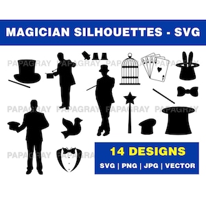 Magician Silhouette Pack - 14 Designs | Digital Download | Magician SVG, Magic Performer Vector