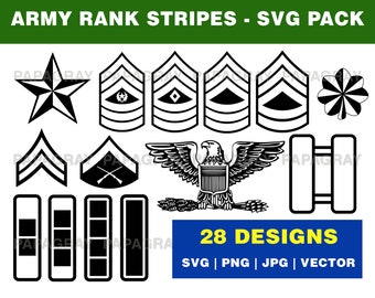 Army Military Ranks Stripes Silhouette Pack - 28 Designs | Digital Download | Army SVG, Army PNG, Army Rank, Army Stripes Svg, Army Vector