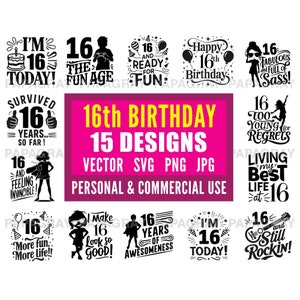 16. Geburtstag SVG-Paket - 15 Designs | Digitaler Download | Sechzehnte Geburtstag Zitate, 16.Geburtstag Feier Grafik Illustrationen