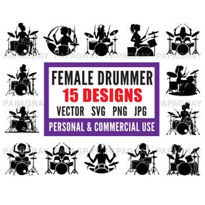 SVG-vectorbundel vrouwelijke drummer: 15 ontwerpen | Digitale download | Vrouw drumt, lady drumstel clipartillustratie, gesneden bestanden