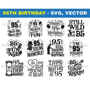 95. Geburtstag SVG Bundle - 18 Designs | Digitaler Download | Geburtstag Zitate & Grafiken, neunundneunzigsten Geburtstag Vektor-Illustrationen