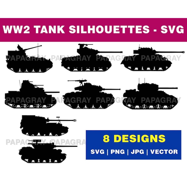 WW2 Tanks Silhouette SVG Pack - 8 Designs | Digital Download | Military Tanks Vector SVG, WW2 Tank Graphic PNG