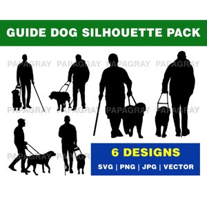 May include: A graphic pack featuring six black silhouette designs of guide dogs assisting people. The image includes the text "GUIDE DOG SILHOUETTE PACK" and "6 DESIGNS" with file type options: SVG, PNG, JPG, and Vector.