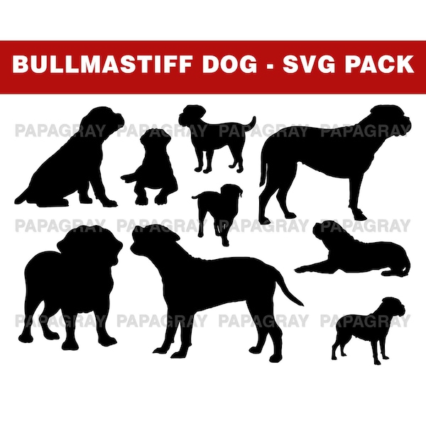 Bullmastiff Silhouette Pack - 10 Designs | Digital Download | Bullmastiff SVG, Bullmastiff Dog PNG, Bullmastiff Silhouette Svg, Dog Vector