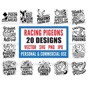 Renntauben Sprüche SVG - 20 Designs | Digitaler Download | Brieftauben-Zitate, Schnittdateien für Vogel-Grafikdesigns, lustige Tauben-Slogans