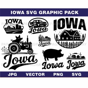 Pacote de gráficos vetoriais SVG do horizonte de Iowa - 7 designs | Download digital | Vetor de Iowa, silhueta do horizonte da cidade, arquivo de corte SVG, agricultura