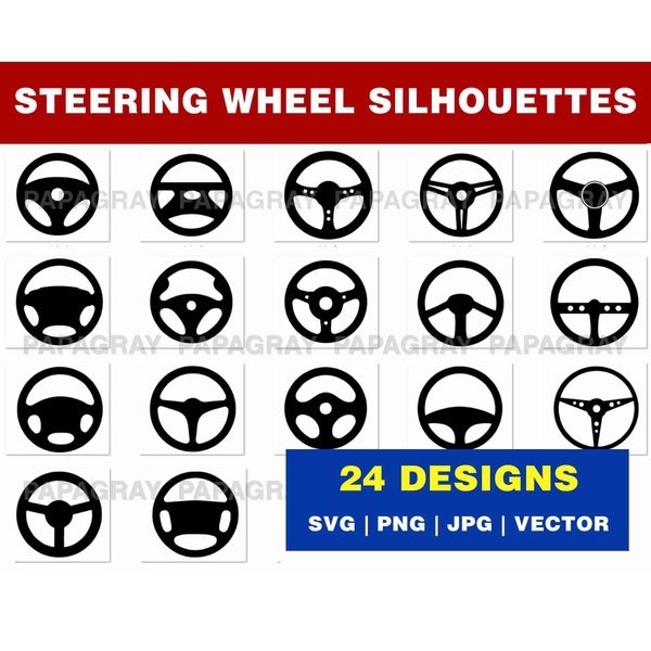 Steering Wheel SVG Silhouette Pack - 24 Designs | Digital Download | Driving Wheels Shape PNG, Steering Wheel Vector Graphic