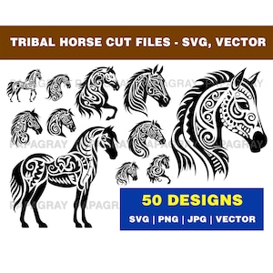 Lot de fichiers coupés SVG chevaux tribaux - 50 modèles | Téléchargement numérique | Graphique d'étalon de ferme, vecteur équestre, fichier de coupe animal équin