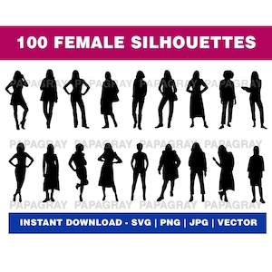 Paquete de 100 siluetas femeninas: 100 diseños / Descarga digital / SVG femenino, vector de mujer, PNG de mujer, vector femenino, forma femenina, contorno de mujer