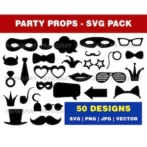 Party Prop SVG Silhouette Pack - 50 Designs | Digital Download | Party Photo Booth Prop PNG, Party Props Vector Graphic