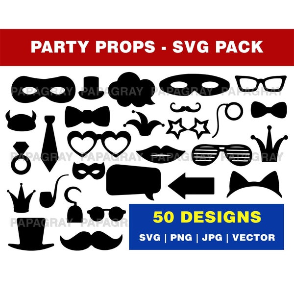 Pack de silhouettes SVG pour accessoire de fête - 50 modèles | Téléchargement numérique | Accessoire de photomaton de fête PNG, Illustration vectorielle d'accessoires de fête