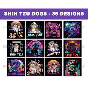 Ensemble de graphiques des années 80 pour chien shih tzu - 35 modèles | Téléchargement numérique | Graphismes d'inspiration rétro, ondes synthétiques, art canin shih tzu