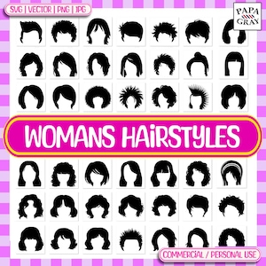 70 女性のヘアスタイル SVG グラフィック バンドル - 70 のデザイン | デジタル ダウンロード | ヘアカットのベクター、カット ファイル グラフィック、ヘアスタイルのシルエット、ヘア ファッション