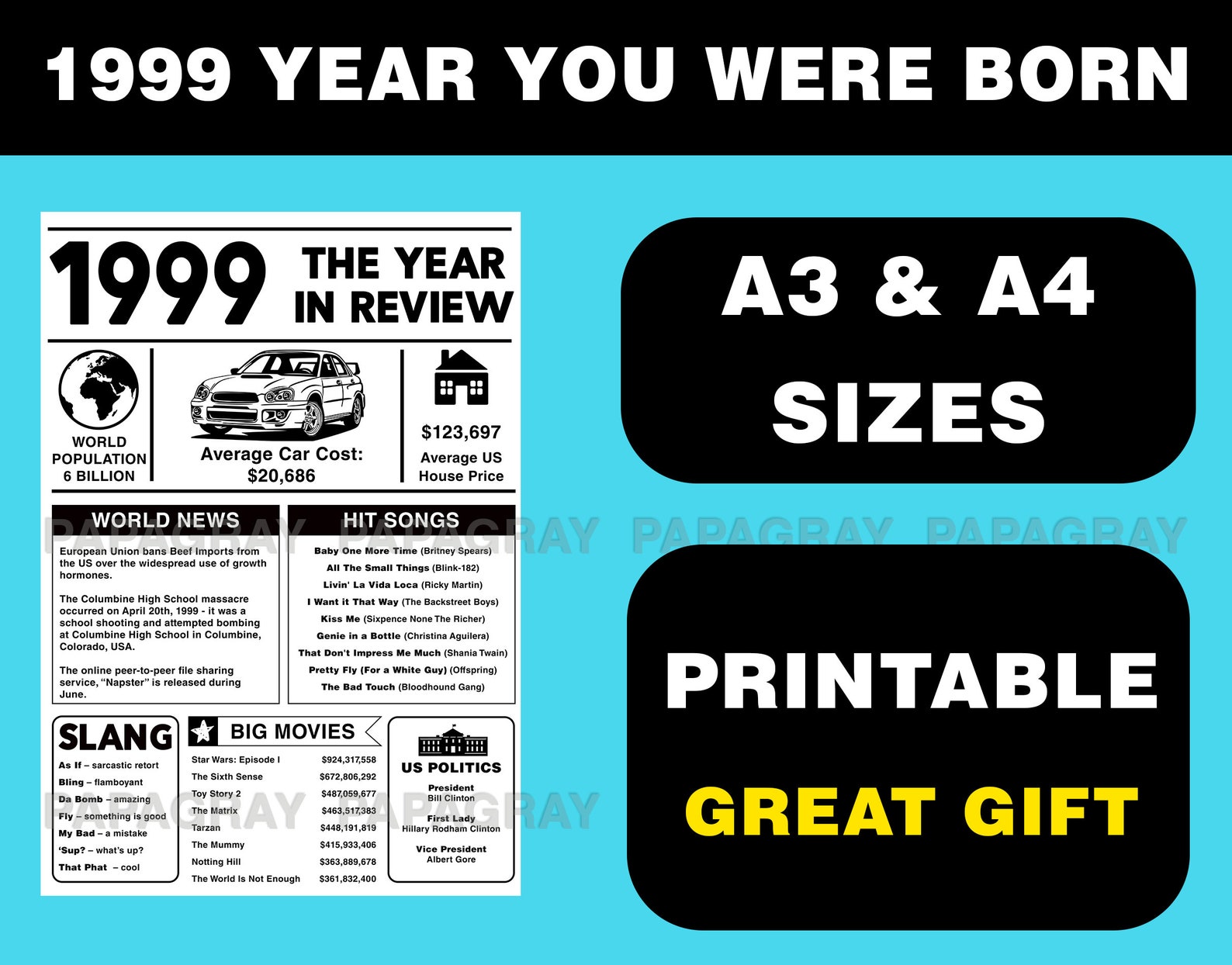 1999 the Year You Were Born PRINTABLE USA Digital Download Etsy