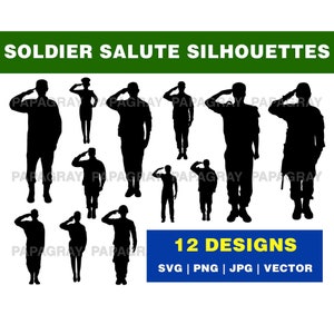 Gráfico SVG de saludo de soldado - 12 diseños / Descarga digital / PNG de saludo del ejército, gráfico vectorial de bandera de saludo de soldado, saludo militar
